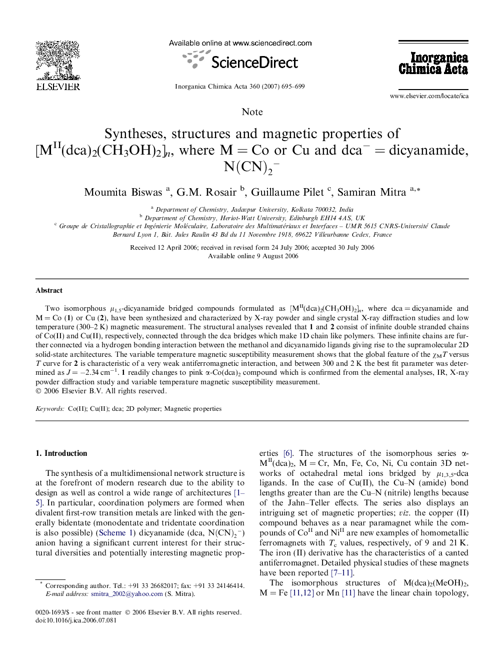 Syntheses, structures and magnetic properties of [MII(dca)2(CH3OH)2]n, where M = Co or Cu and dca− = dicyanamide, N(CN)2-