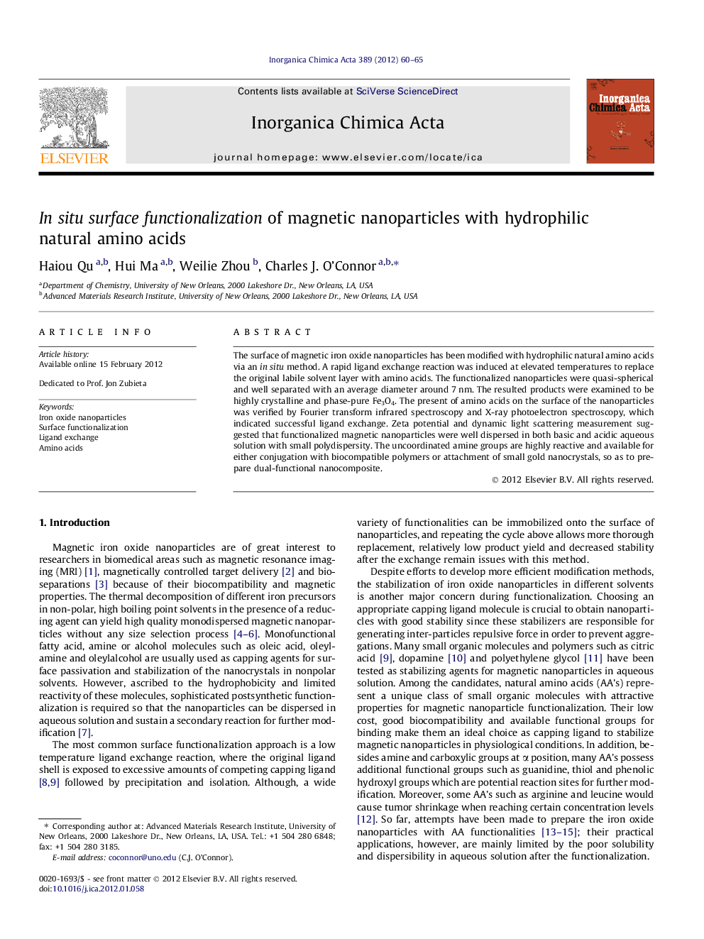 In situ surface functionalization of magnetic nanoparticles with hydrophilic natural amino acids