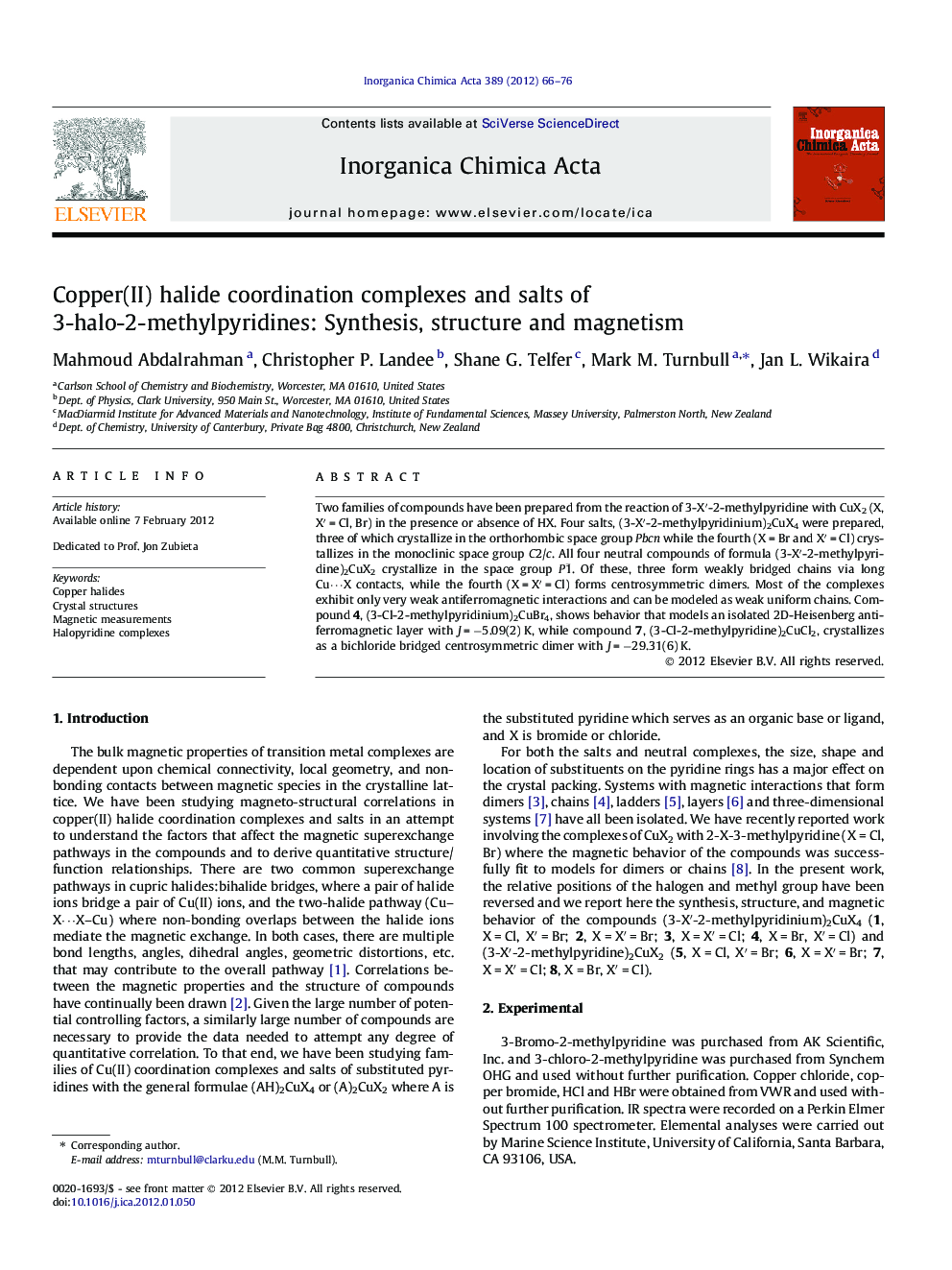 Copper(II) halide coordination complexes and salts of 3-halo-2-methylpyridines: Synthesis, structure and magnetism