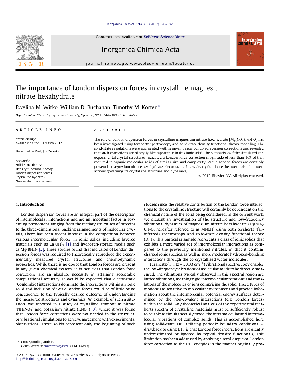 عکس صفحه اول مقاله: The importance of London dispersion forces in crystalline magnesium nitrate hexahydrate The importance of London dispersion forces in crystalline magnesium nitrate hexahydrate