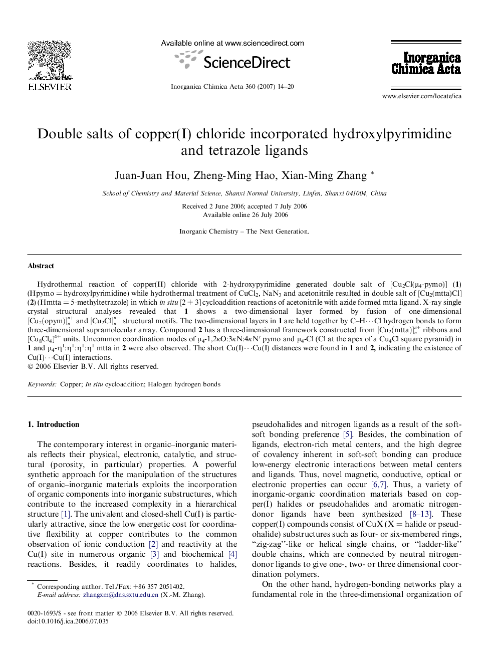 Double salts of copper(I) chloride incorporated hydroxylpyrimidine and tetrazole ligands