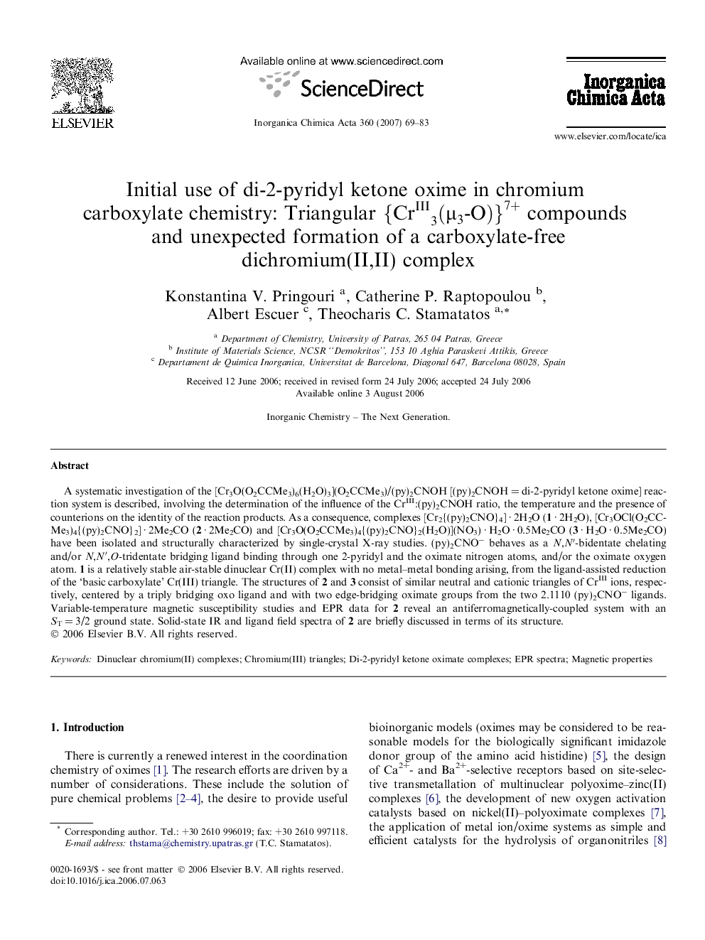 Initial use of di-2-pyridyl ketone oxime in chromium carboxylate chemistry: Triangular {CrIII3(μ3-O)}7+ compounds and unexpected formation of a carboxylate-free dichromium(II,II) complex