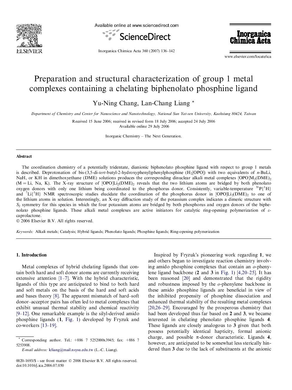 Preparation and structural characterization of group 1 metal complexes containing a chelating biphenolato phosphine ligand