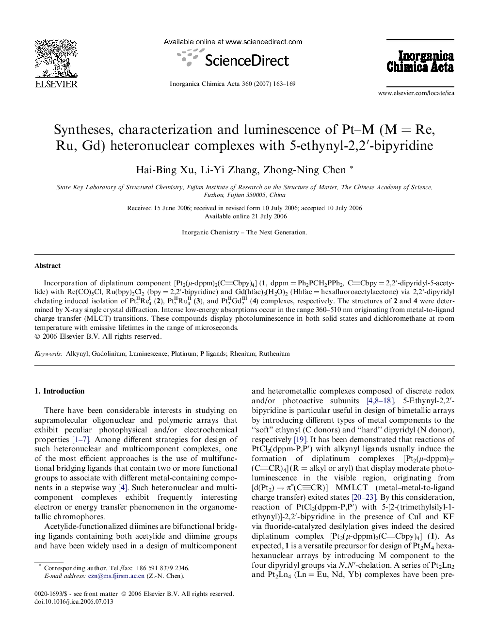 Syntheses, characterization and luminescence of Pt–M (M = Re, Ru, Gd) heteronuclear complexes with 5-ethynyl-2,2′-bipyridine