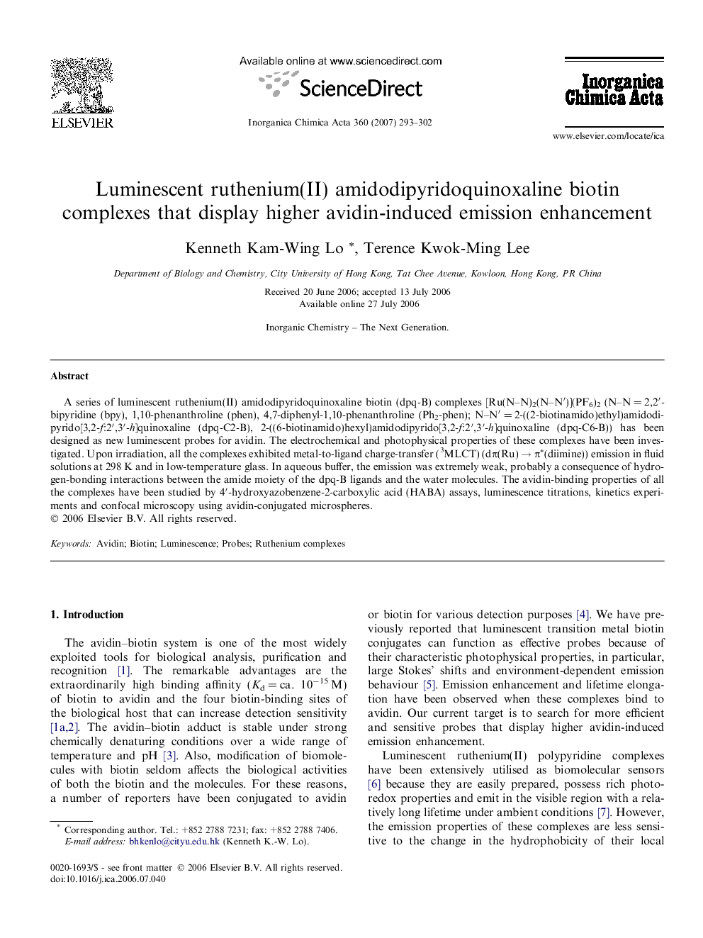 Luminescent ruthenium(II) amidodipyridoquinoxaline biotin complexes that display higher avidin-induced emission enhancement