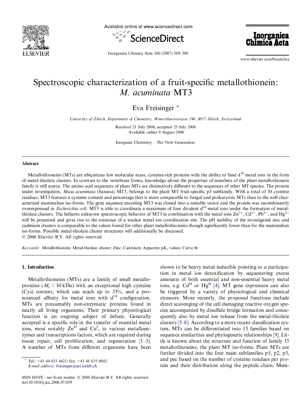 Spectroscopic characterization of a fruit-specific metallothionein: M. acuminata MT3