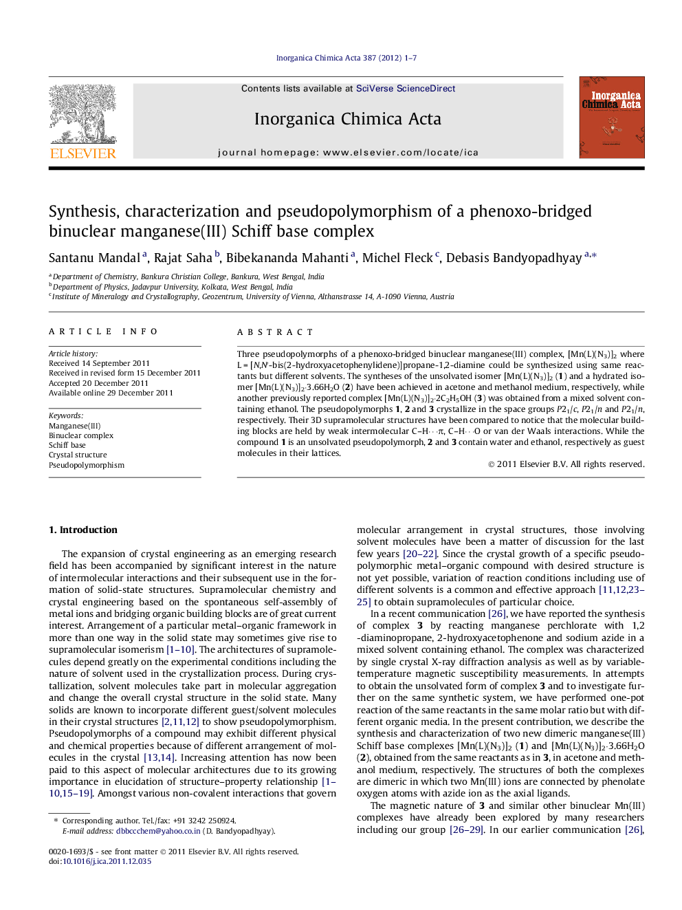 Synthesis, characterization and pseudopolymorphism of a phenoxo-bridged binuclear manganese(III) Schiff base complex