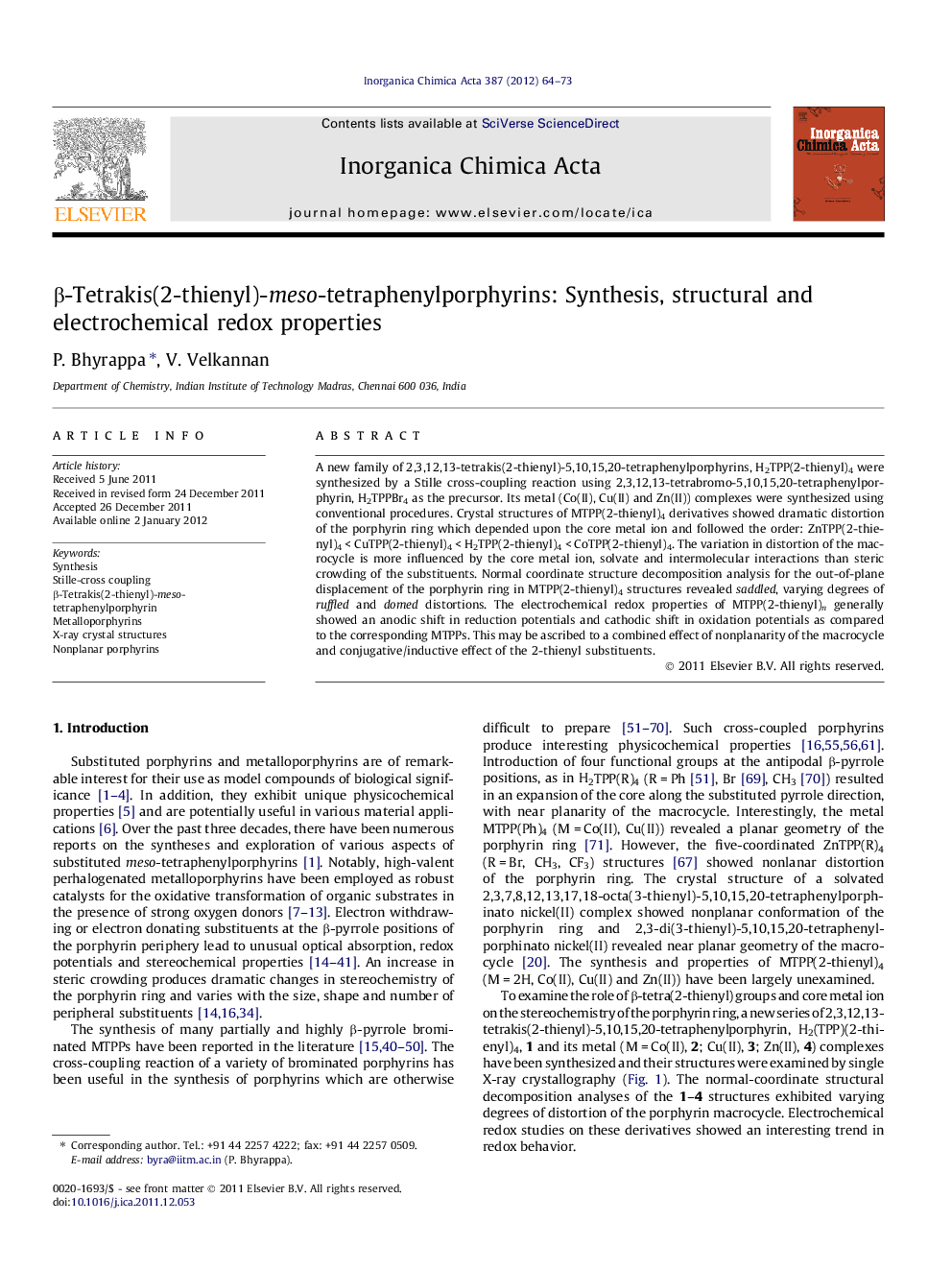 β-Tetrakis(2-thienyl)-meso-tetraphenylporphyrins: Synthesis, structural and electrochemical redox properties