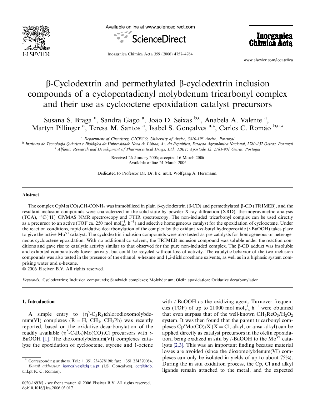 β-Cyclodextrin and permethylated β-cyclodextrin inclusion compounds of a cyclopentadienyl molybdenum tricarbonyl complex and their use as cyclooctene epoxidation catalyst precursors