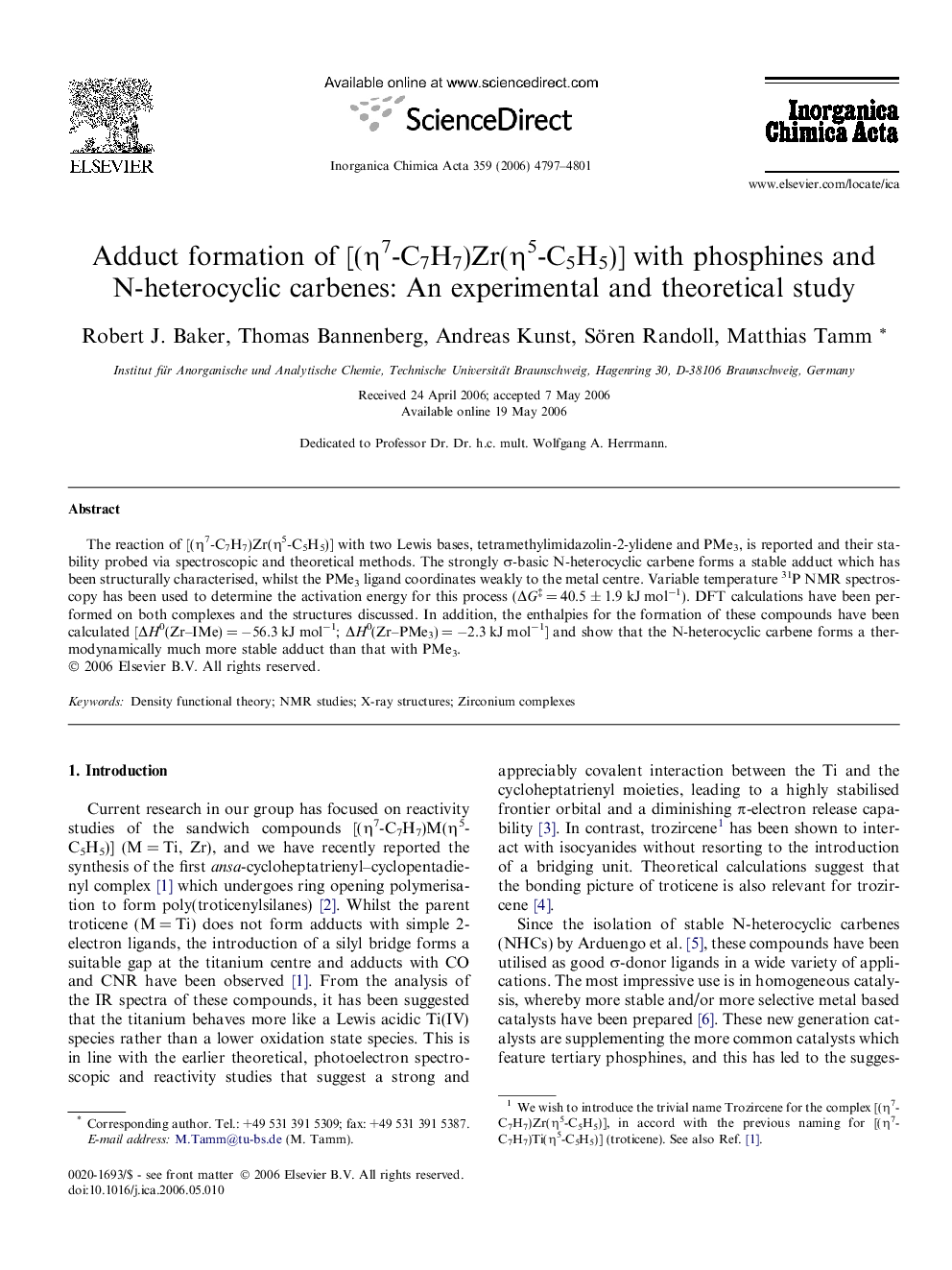 Adduct formation of [(η7-C7H7)Zr(η5-C5H5)] with phosphines and N-heterocyclic carbenes: An experimental and theoretical study