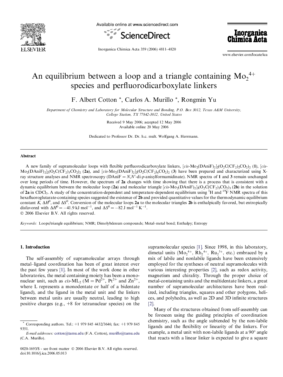 عکس صفحه اول مقاله: An equilibrium between a loop and a triangle containing Mo24+ species and perfluorodicarboxylate linkers An equilibrium between a loop and a triangle containing Mo24+ species and perfluorodicarboxylate linkers