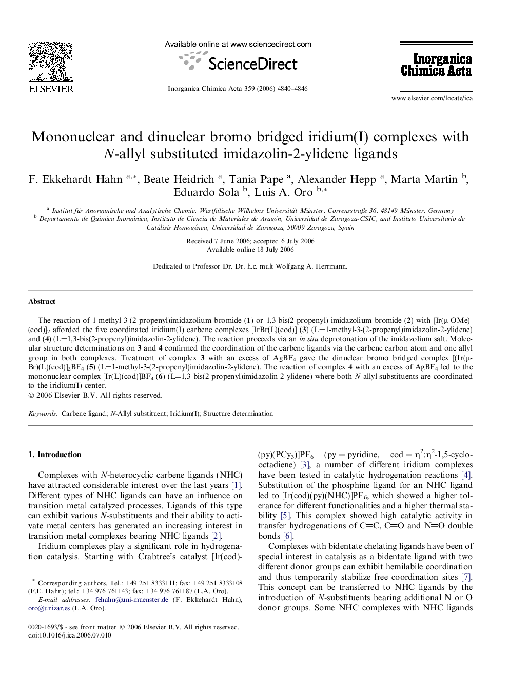 Mononuclear and dinuclear bromo bridged iridium(I) complexes with N-allyl substituted imidazolin-2-ylidene ligands