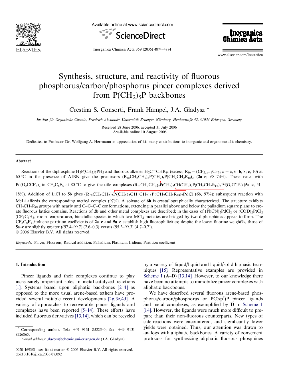 Synthesis, structure, and reactivity of fluorous phosphorus/carbon/phosphorus pincer complexes derived from P(CH2)5P backbones