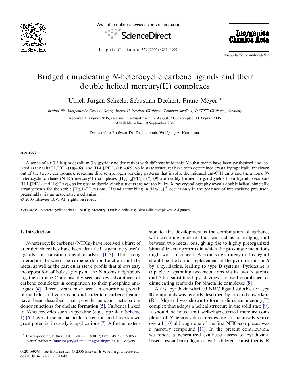 Bridged dinucleating N-heterocyclic carbene ligands and their double helical mercury(II) complexes