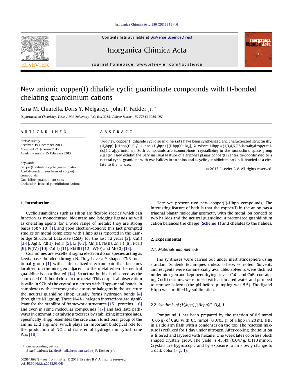 عکس صفحه اول مقاله: New anionic copper(I) dihalide cyclic guanidinate compounds with H-bonded chelating guanidinium cations New anionic copper(I) dihalide cyclic guanidinate compounds with H-bonded chelating guanidinium cations