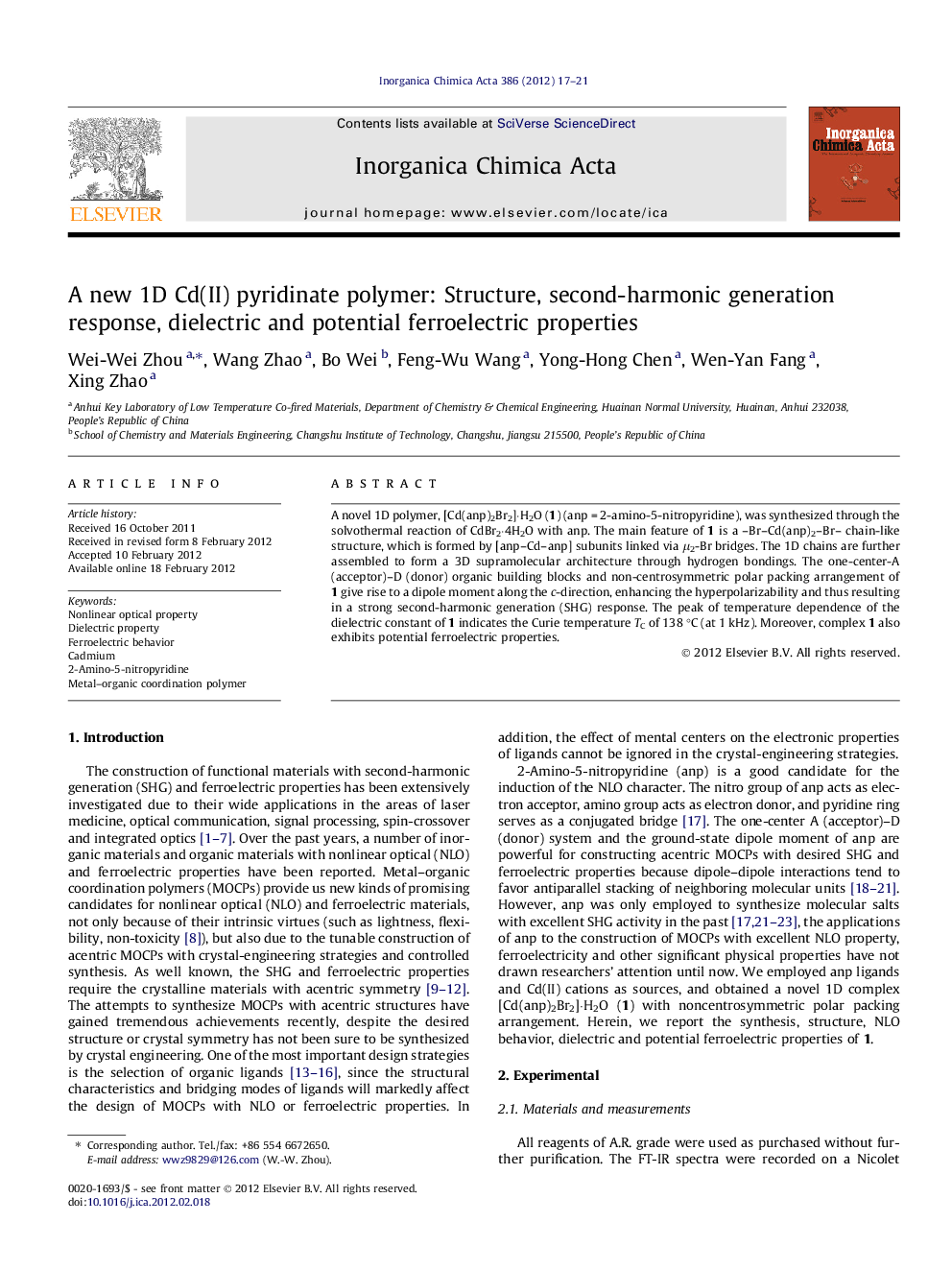 عکس صفحه اول مقاله: A new 1D Cd(II) pyridinate polymer: Structure, second-harmonic generation response, dielectric and potential ferroelectric properties A new 1D Cd(II) pyridinate polymer: Structure, second-harmonic generation response, dielectric and potential ferroelectric properties