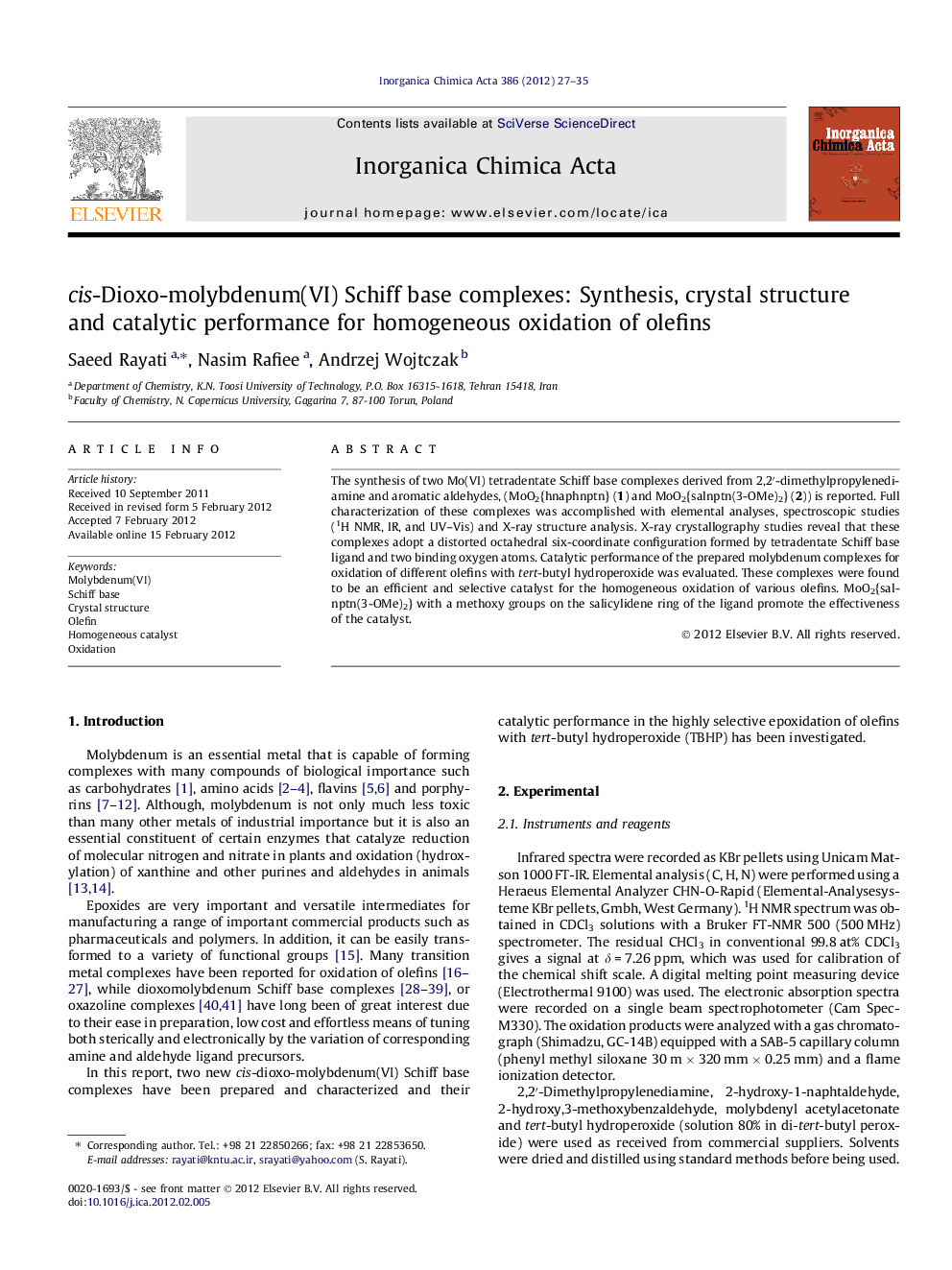 cis-Dioxo-molybdenum(VI) Schiff base complexes: Synthesis, crystal structure and catalytic performance for homogeneous oxidation of olefins