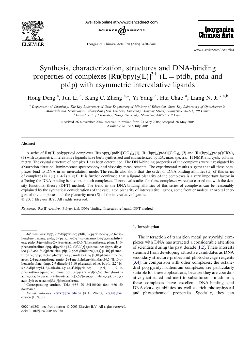 Synthesis, characterization, structures and DNA-binding properties of complexes [Ru(bpy)2(L)]2+ (L = ptdb, ptda and ptdp) with asymmetric intercalative ligands