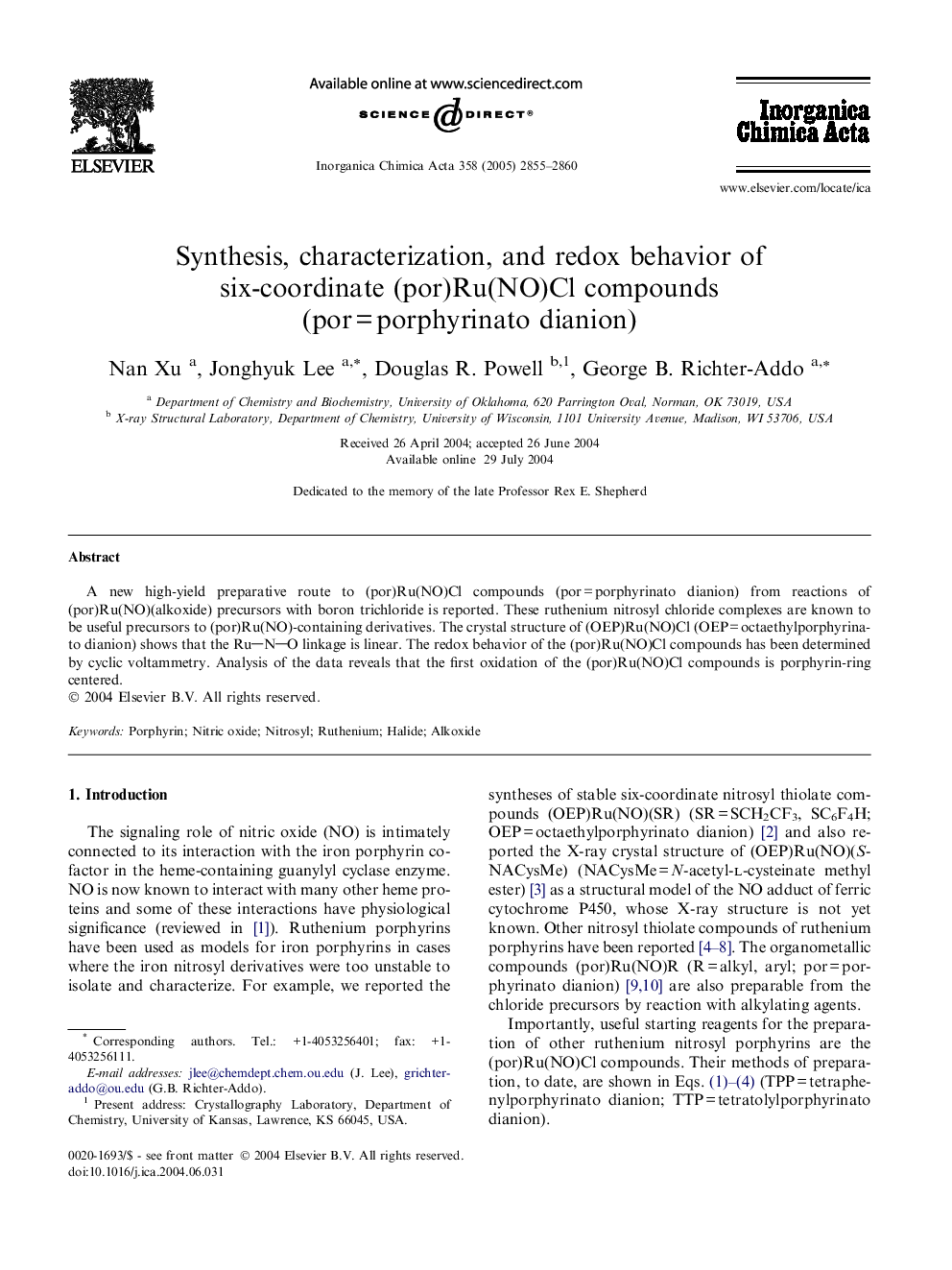 Synthesis, characterization, and redox behavior of six-coordinate (por)Ru(NO)Cl compounds (por = porphyrinato dianion)