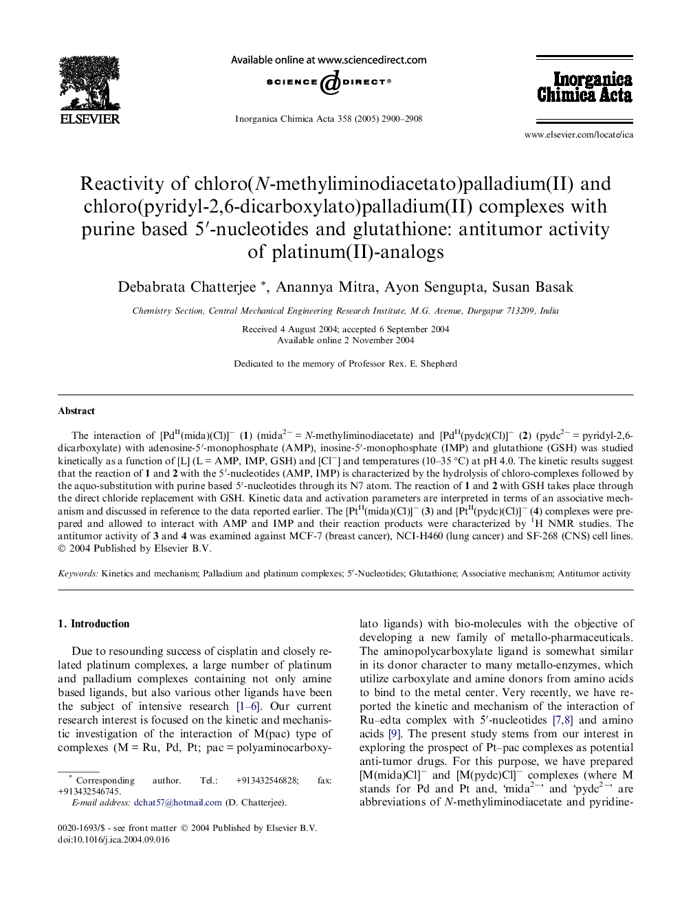 Reactivity of chloro(N-methyliminodiacetato)palladium(II) and chloro(pyridyl-2,6-dicarboxylato)palladium(II) complexes with purine based 5′-nucleotides and glutathione: antitumor activity of platinum(II)-analogs