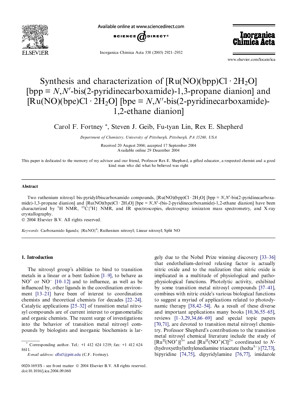 Synthesis and characterization of [Ru(NO)(bpp)Cl · 2H2O] [bpp = N,N′-bis(2-pyridinecarboxamide)-1,3-propane dianion] and [Ru(NO)(bpe)Cl · 2H2O] [bpe = N,N′-bis(2-pyridinecarboxamide)-1,2-ethane dianion]