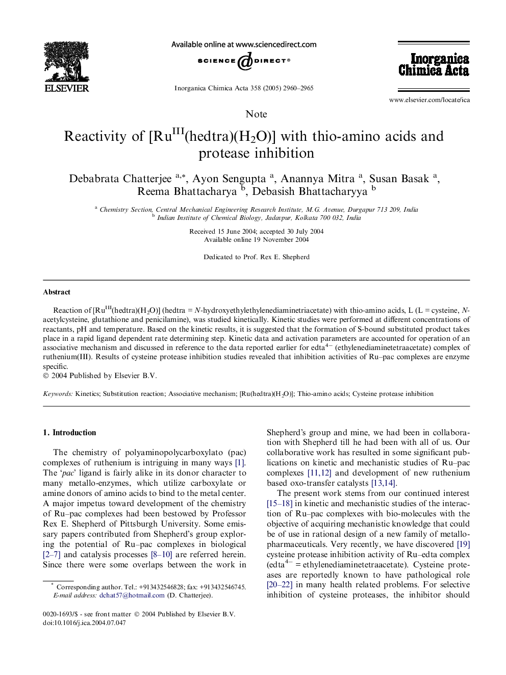 Reactivity of [RuIII(hedtra)(H2O)] with thio-amino acids and protease inhibition