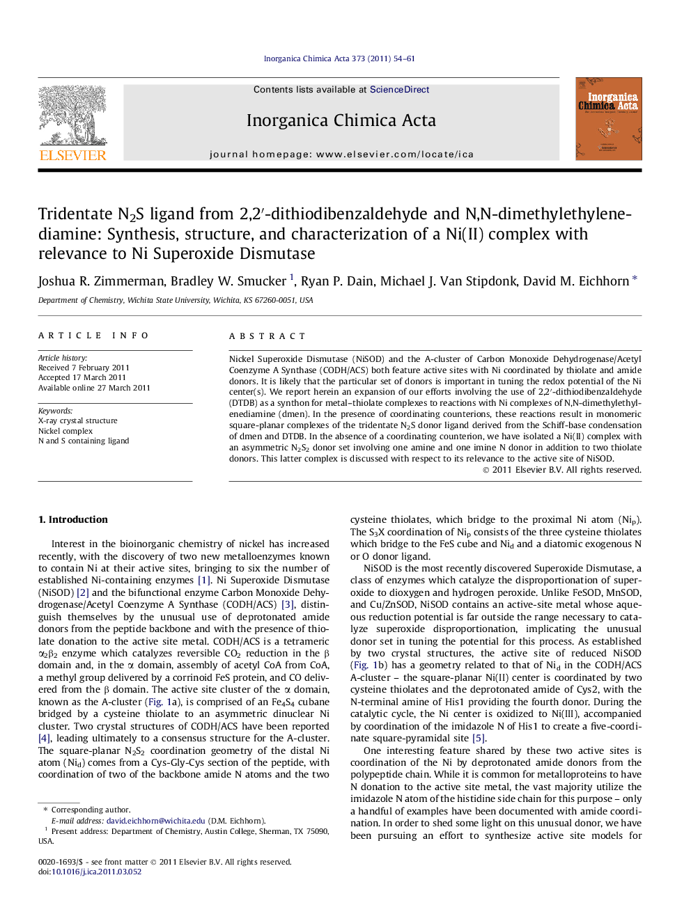 Tridentate N2S ligand from 2,2′-dithiodibenzaldehyde and N,N-dimethylethylenediamine: Synthesis, structure, and characterization of a Ni(II) complex with relevance to Ni Superoxide Dismutase