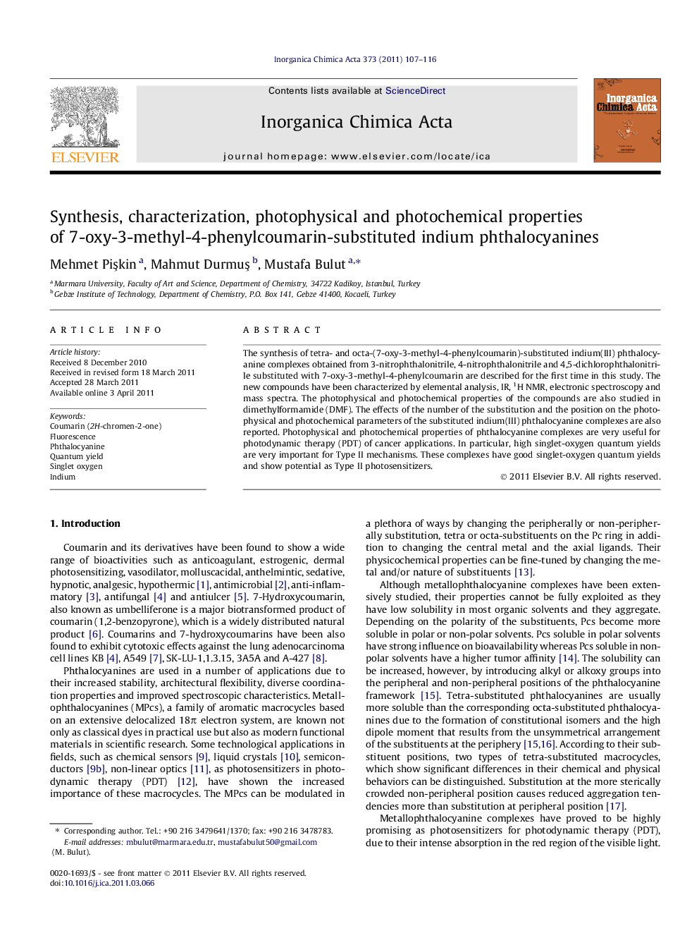 Synthesis, characterization, photophysical and photochemical properties of 7-oxy-3-methyl-4-phenylcoumarin-substituted indium phthalocyanines