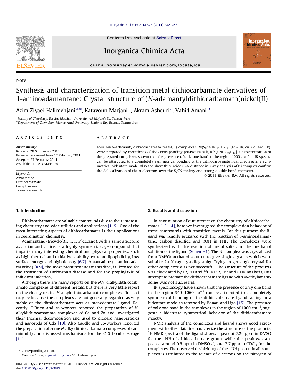 Synthesis and characterization of transition metal dithiocarbamate derivatives of 1-aminoadamantane: Crystal structure of (N-adamantyldithiocarbamato)nickel(II)