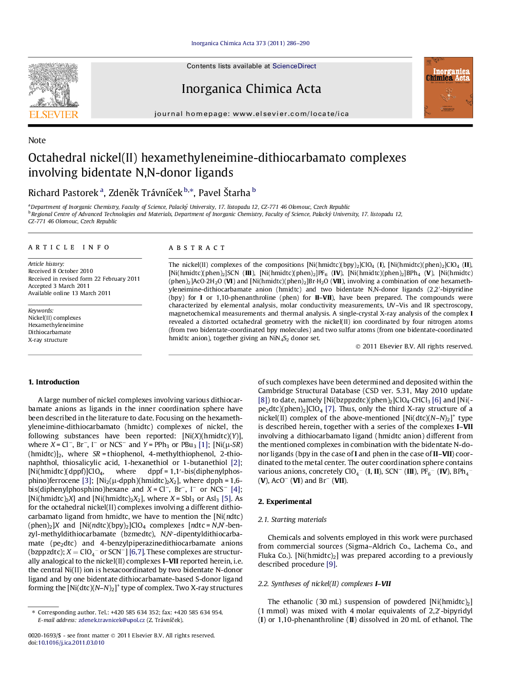 Octahedral nickel(II) hexamethyleneimine-dithiocarbamato complexes involving bidentate N,N-donor ligands