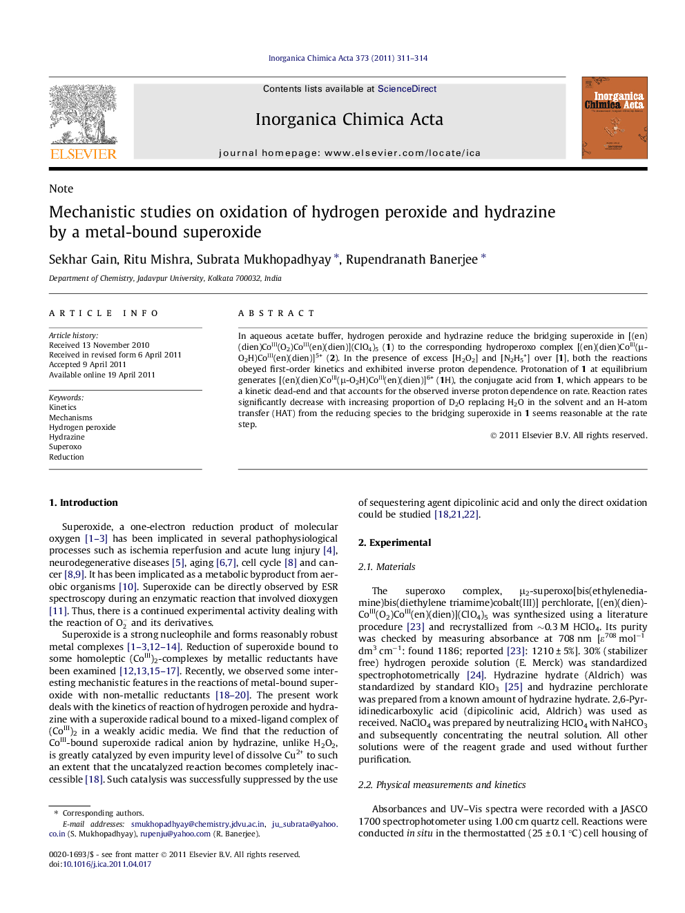 Mechanistic studies on oxidation of hydrogen peroxide and hydrazine by a metal-bound superoxide