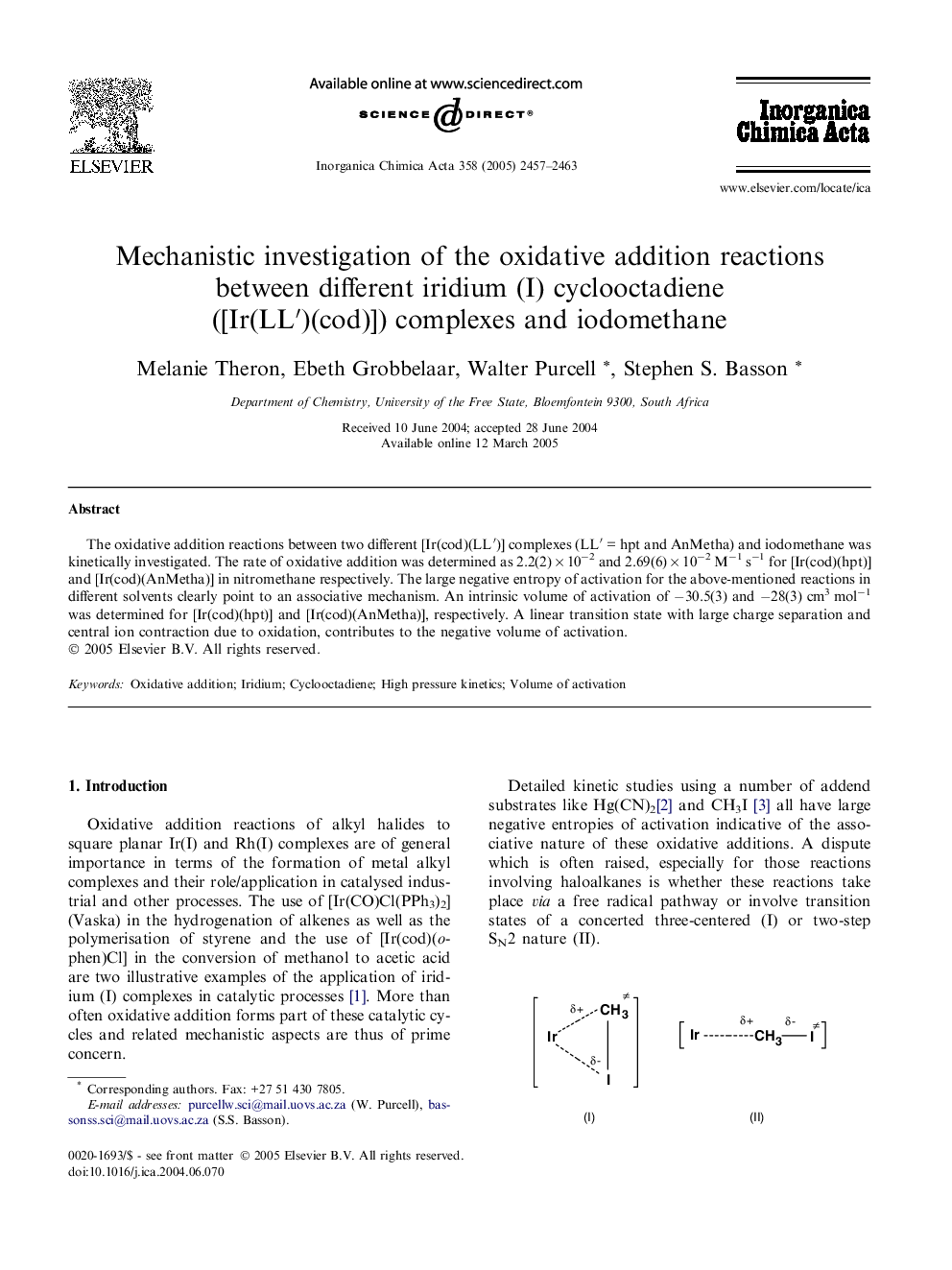 Mechanistic investigation of the oxidative addition reactions between different iridium (I) cyclooctadiene ([Ir(LLâ²)(cod)]) complexes and iodomethane