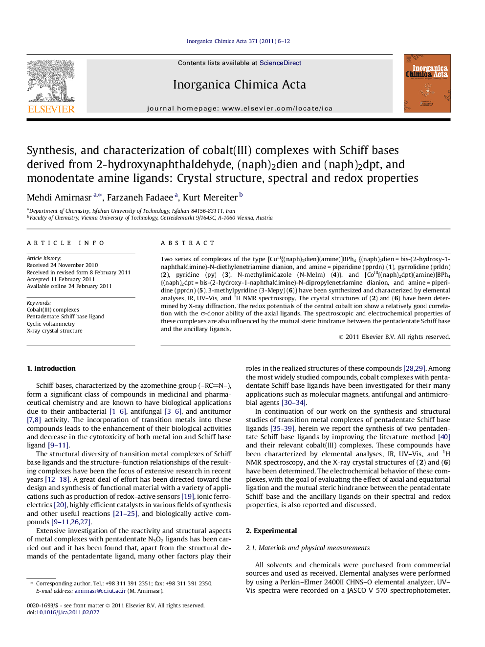 Synthesis, and characterization of cobalt(III) complexes with Schiff bases derived from 2-hydroxynaphthaldehyde, (naph)2dien and (naph)2dpt, and monodentate amine ligands: Crystal structure, spectral and redox properties