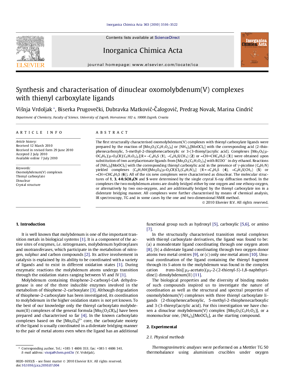 Synthesis and characterisation of dinuclear oxomolybdenum(V) complexes with thienyl carboxylate ligands