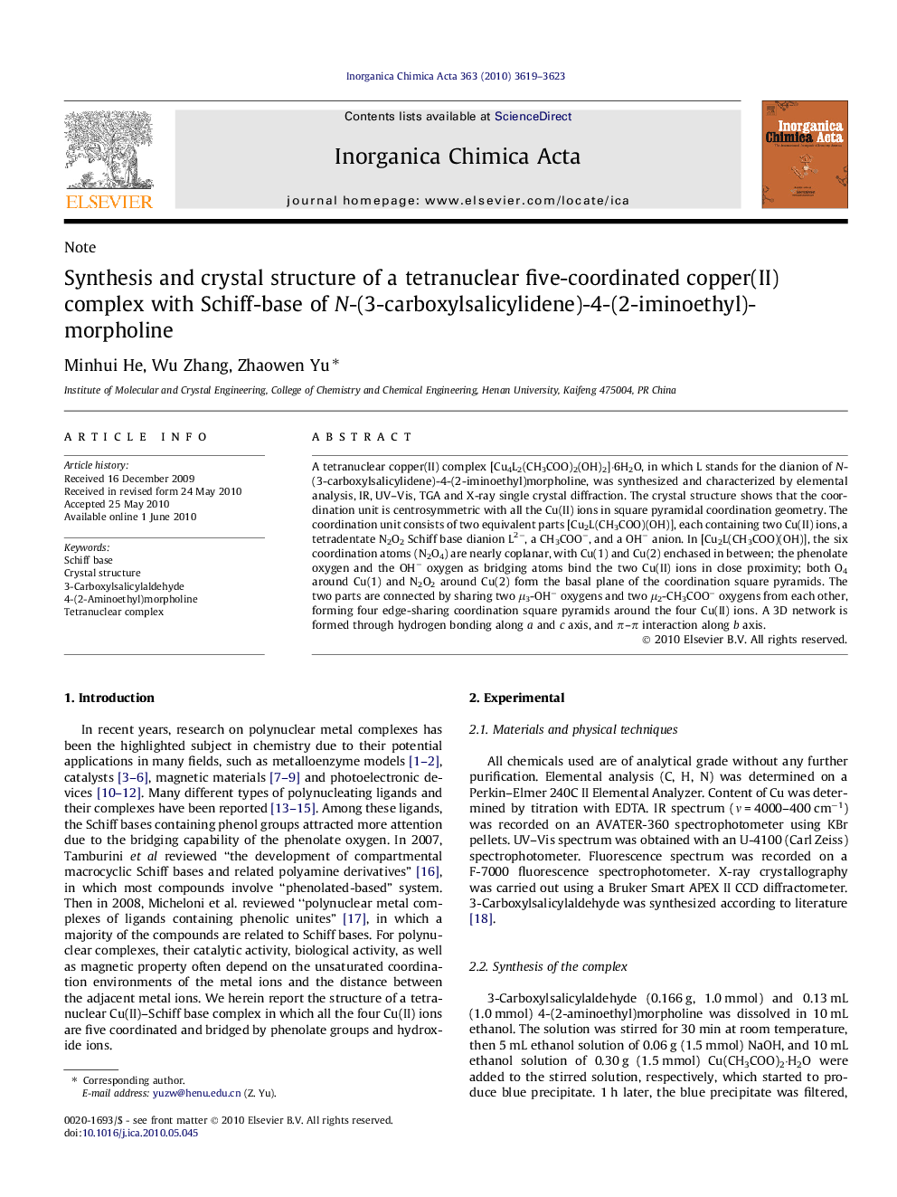 Synthesis and crystal structure of a tetranuclear five-coordinated copper(II) complex with Schiff-base of N-(3-carboxylsalicylidene)-4-(2-iminoethyl)-morpholine