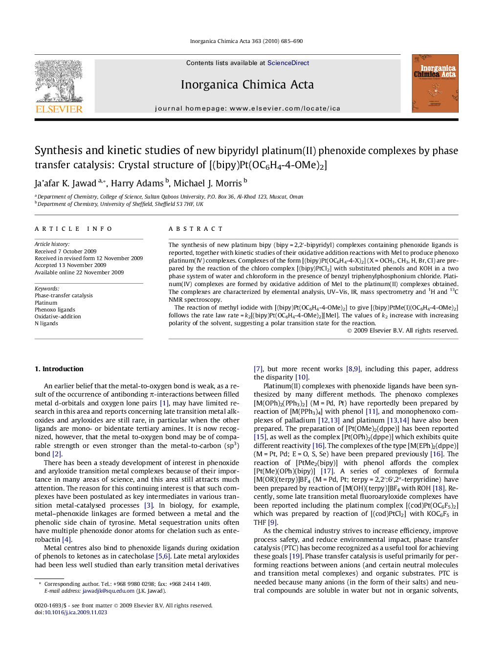 Synthesis and kinetic studies of new bipyridyl platinum(II) phenoxide complexes by phase transfer catalysis: Crystal structure of [(bipy)Pt(OC6H4-4-OMe)2]