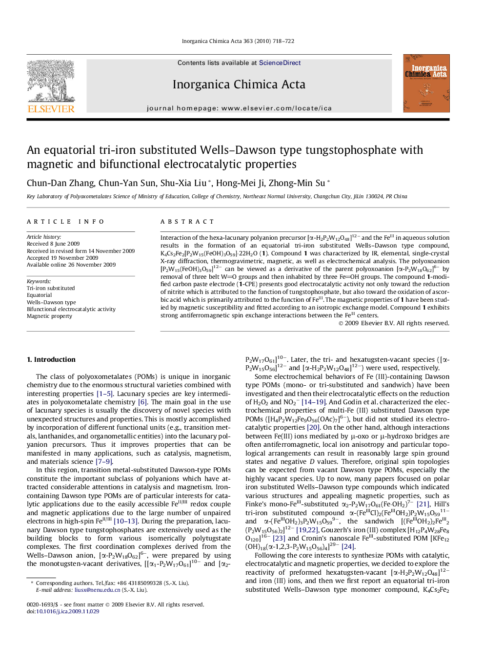 An equatorial tri-iron substituted Wells–Dawson type tungstophosphate with magnetic and bifunctional electrocatalytic properties