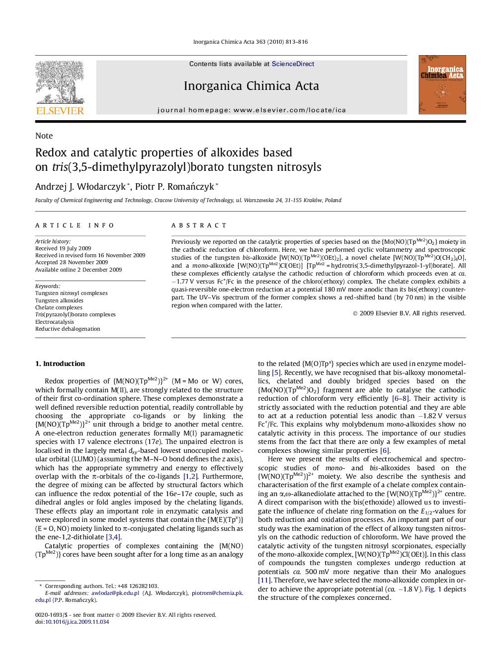 Redox and catalytic properties of alkoxides based on tris(3,5-dimethylpyrazolyl)borato tungsten nitrosyls