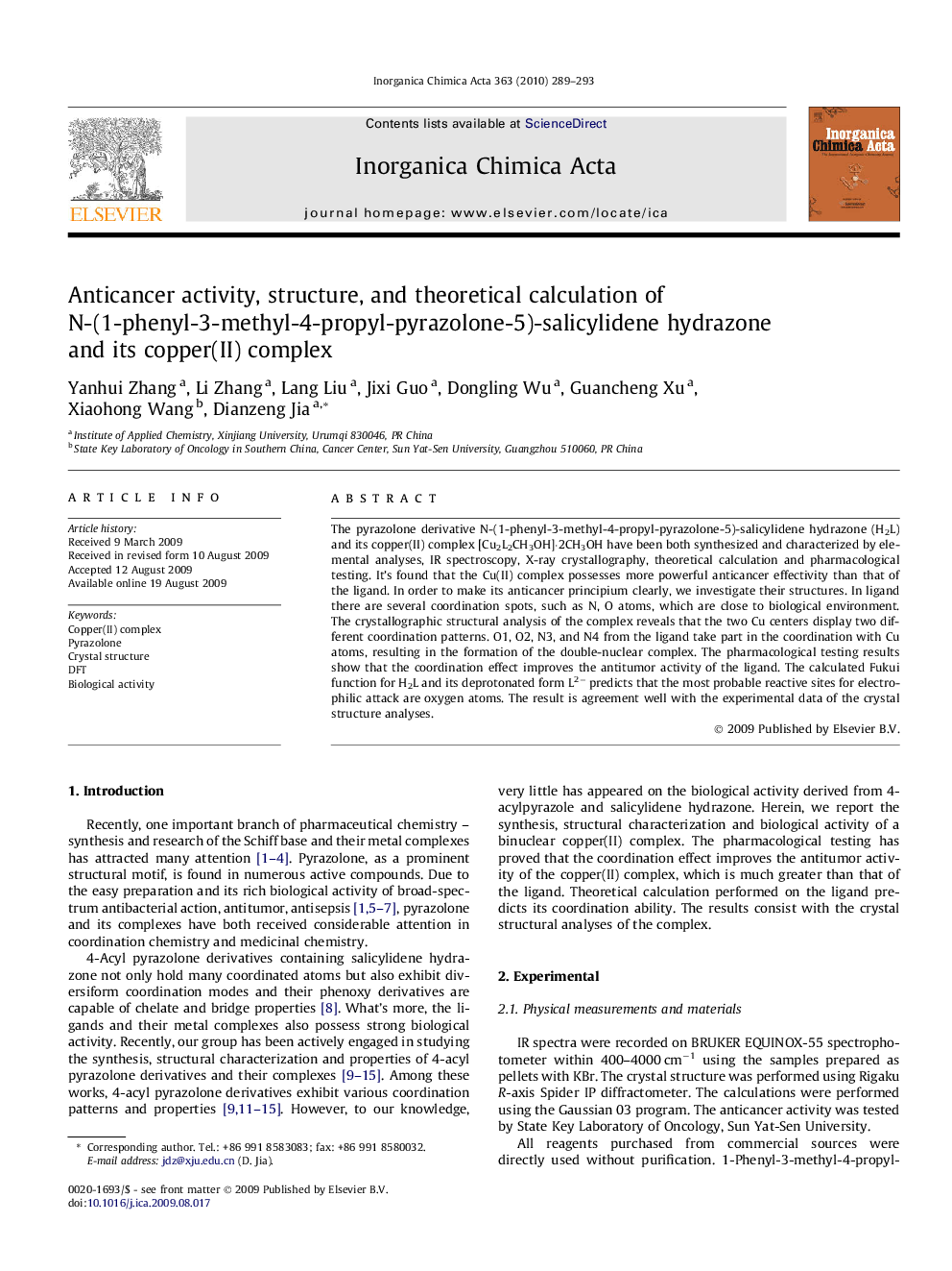 Anticancer activity, structure, and theoretical calculation of N-(1-phenyl-3-methyl-4-propyl-pyrazolone-5)-salicylidene hydrazone and its copper(II) complex