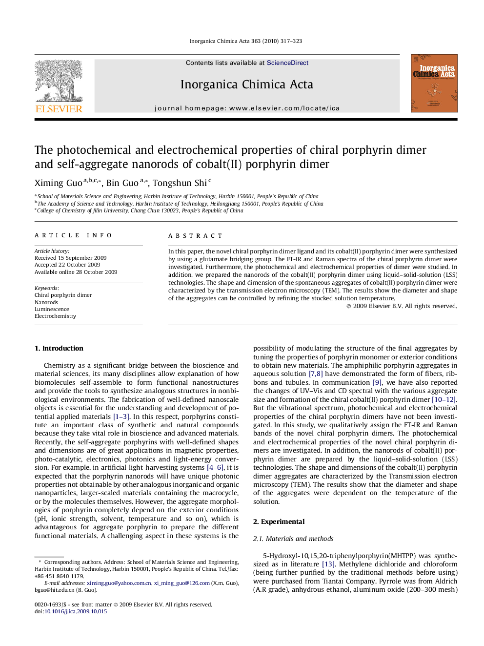 عکس صفحه اول مقاله: The photochemical and electrochemical properties of chiral porphyrin dimer and self-aggregate nanorods of cobalt(II) porphyrin dimer The photochemical and electrochemical properties of chiral porphyrin dimer and self-aggregate nanorods of cobalt(II) porphyrin dimer