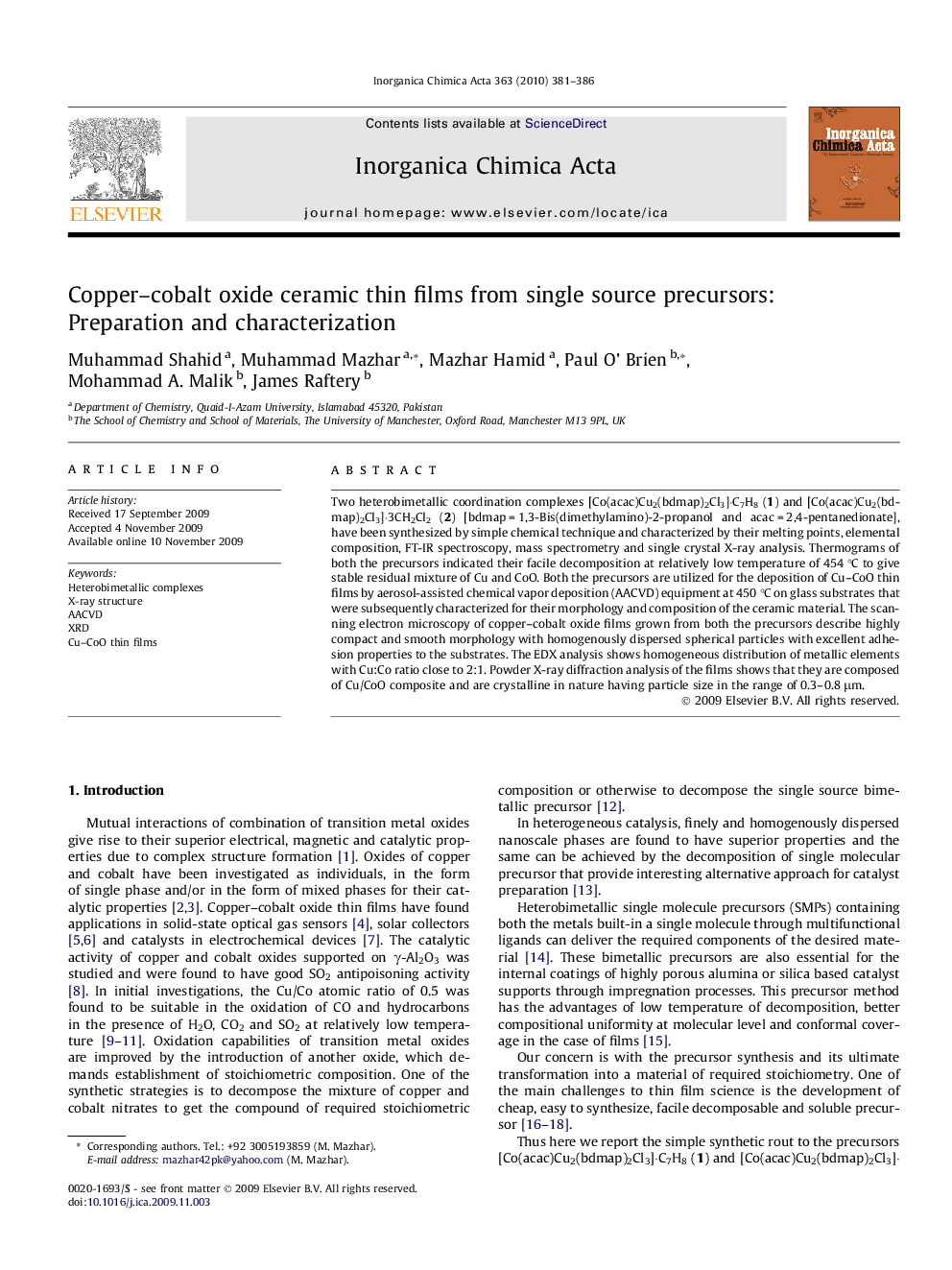 Copper–cobalt oxide ceramic thin films from single source precursors: Preparation and characterization