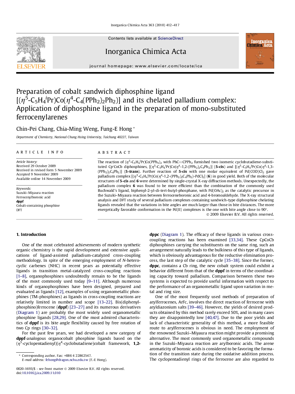 Preparation of cobalt sandwich diphosphine ligand [(η5-C5H4iPr)Co(η4-C4(PPh2)2Ph2)] and its chelated palladium complex: Application of diphosphine ligand in the preparation of mono-substituted ferrocenylarenes