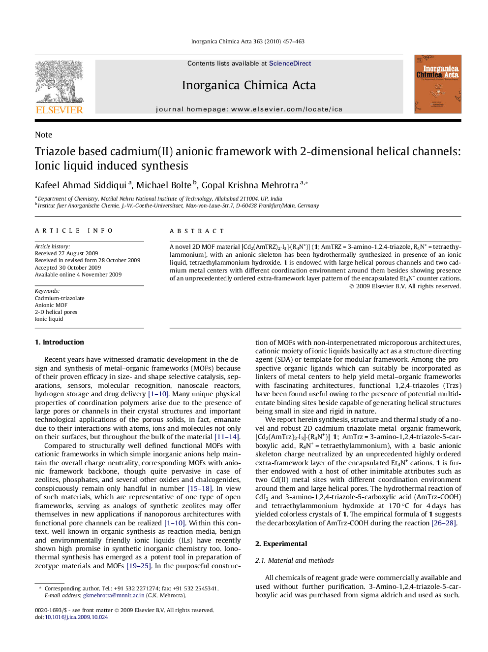 عکس صفحه اول مقاله: Triazole based cadmium(II) anionic framework with 2-dimensional helical channels: Ionic liquid induced synthesis Triazole based cadmium(II) anionic framework with 2-dimensional helical channels: Ionic liquid induced synthesis