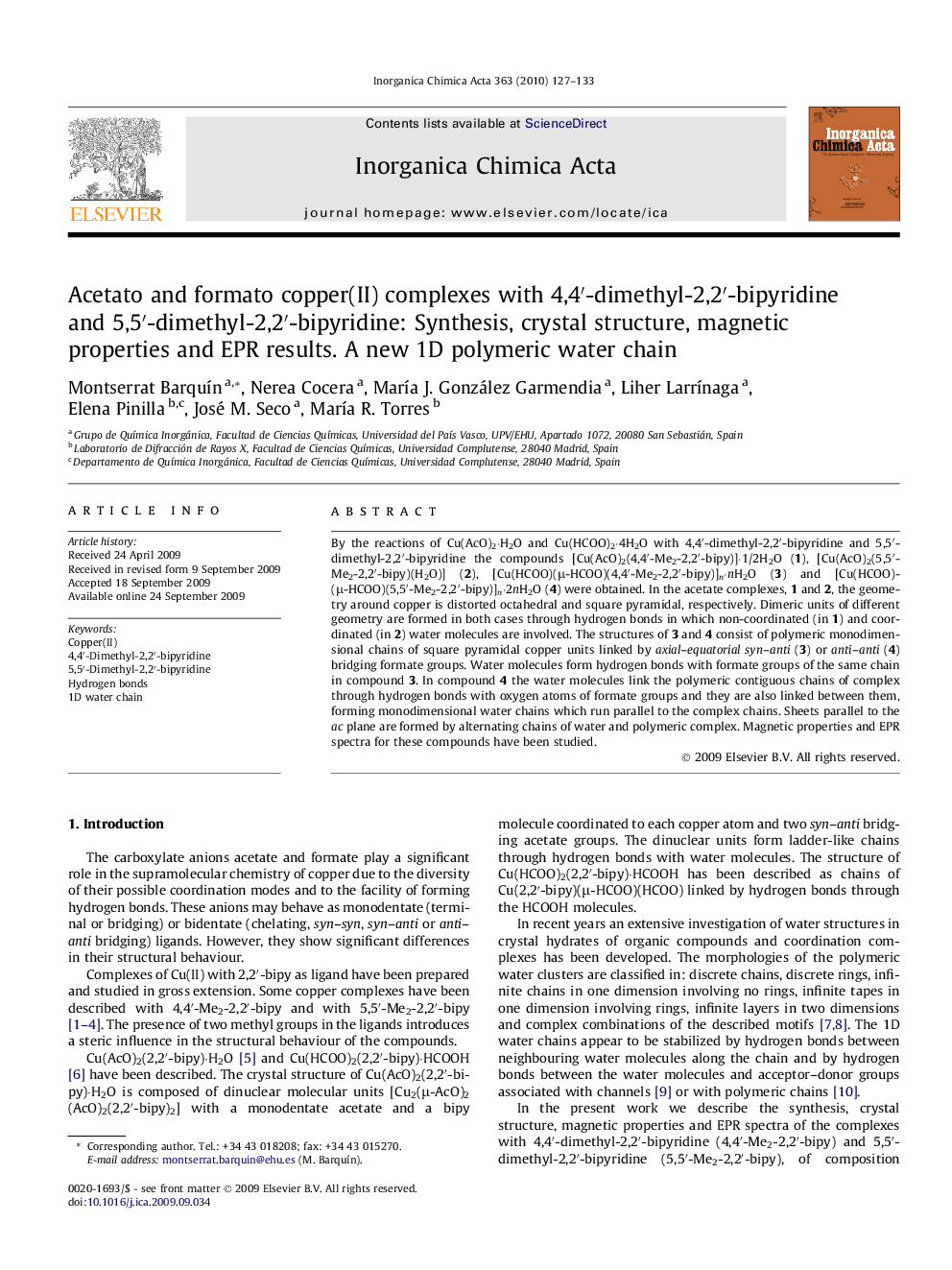 Acetato and formato copper(II) complexes with 4,4′-dimethyl-2,2′-bipyridine and 5,5′-dimethyl-2,2′-bipyridine: Synthesis, crystal structure, magnetic properties and EPR results. A new 1D polymeric water chain