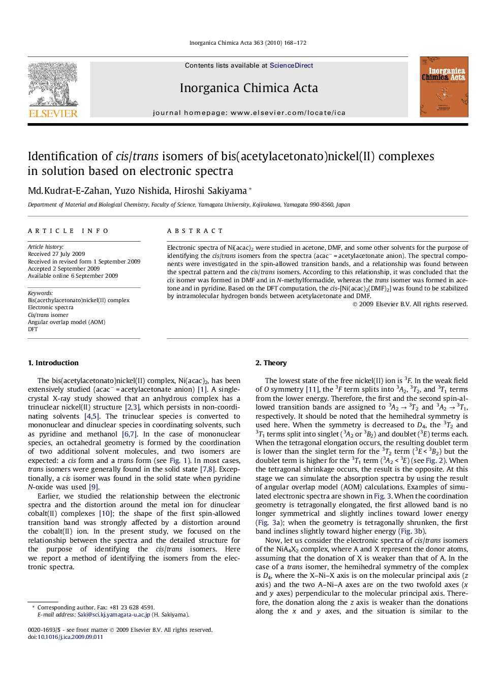 Identification of cis/trans isomers of bis(acetylacetonato)nickel(II) complexes in solution based on electronic spectra