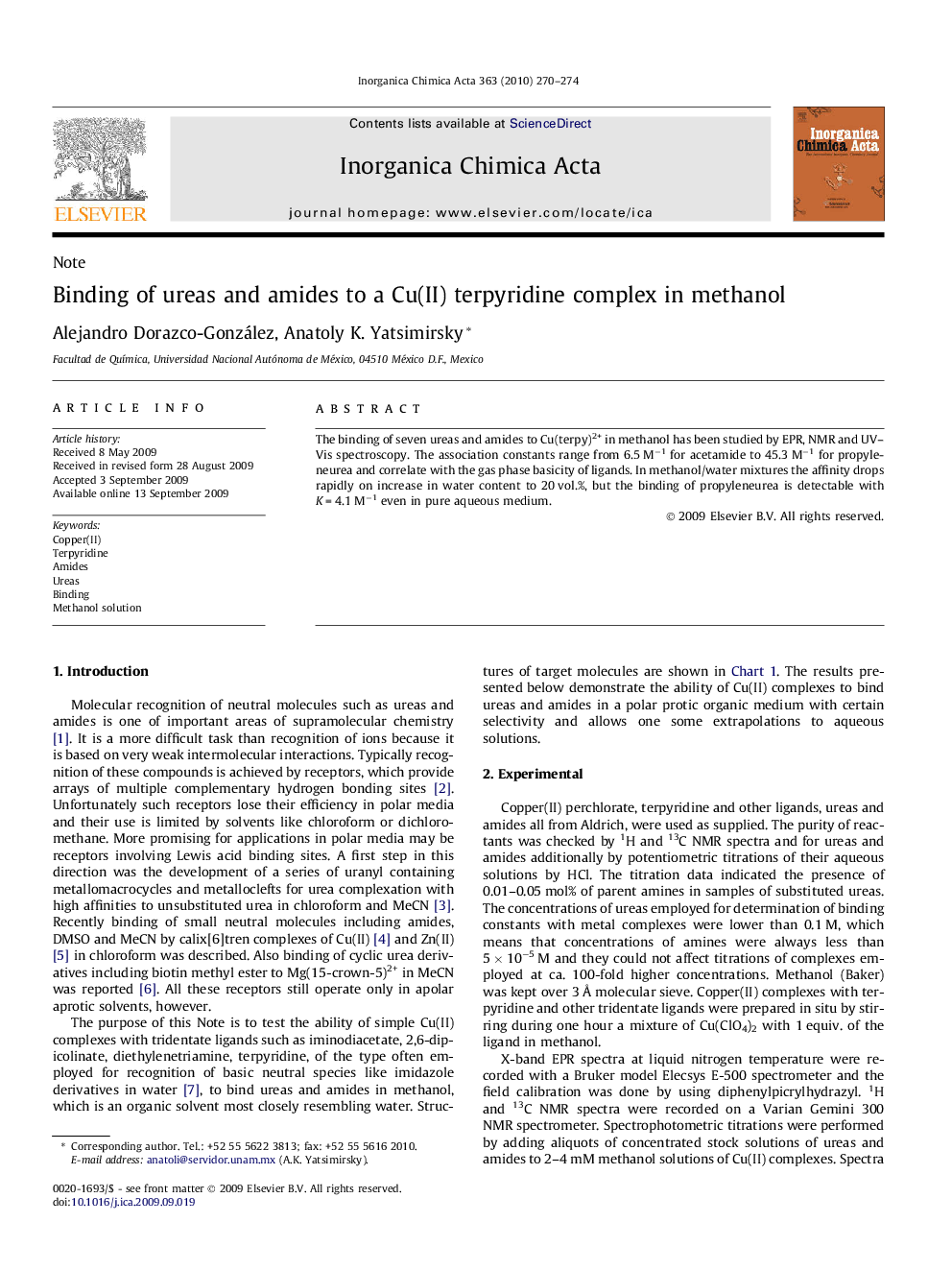 Binding of ureas and amides to a Cu(II) terpyridine complex in methanol