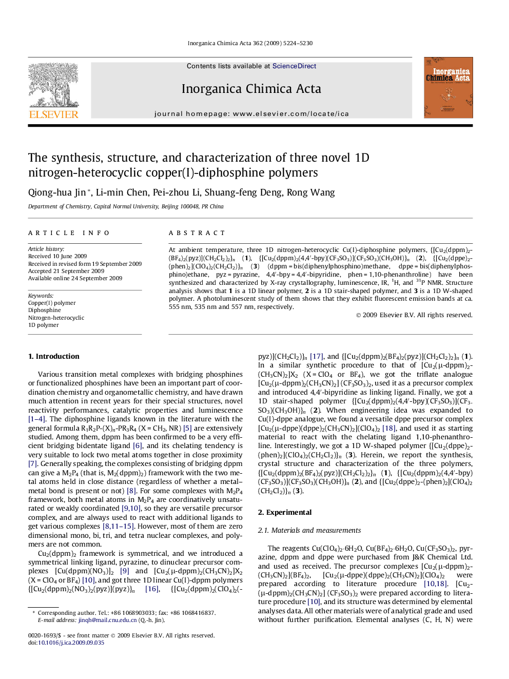 The synthesis, structure, and characterization of three novel 1D nitrogen-heterocyclic copper(I)-diphosphine polymers