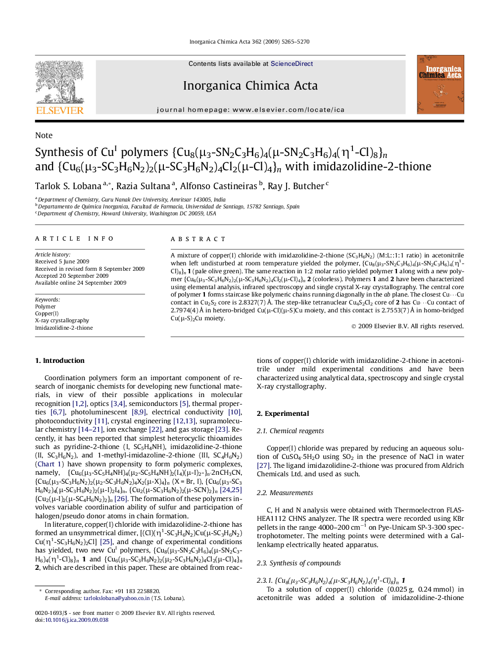 Synthesis of CuI polymers {Cu8(μ3-SN2C3H6)4(μ-SN2C3H6)4(η1-Cl)8}n and {Cu6(μ3-SC3H6N2)2(μ-SC3H6N2)4Cl2(μ-Cl)4}n with imidazolidine-2-thione