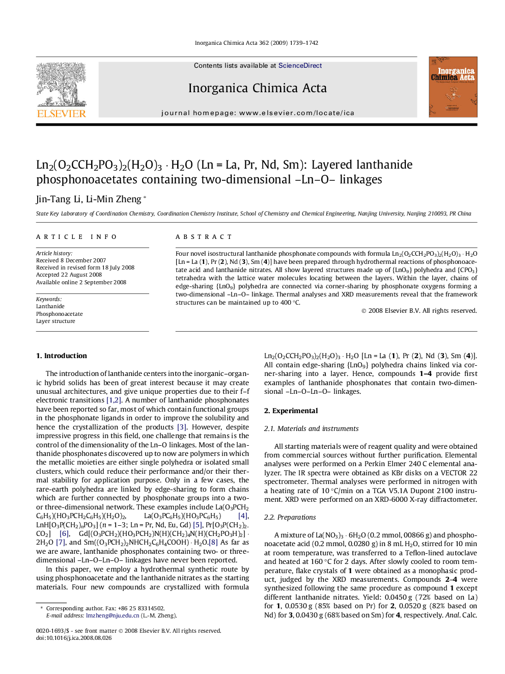 Ln2(O2CCH2PO3)2(H2O)3 · H2O (Ln = La, Pr, Nd, Sm): Layered lanthanide phosphonoacetates containing two-dimensional –Ln–O– linkages