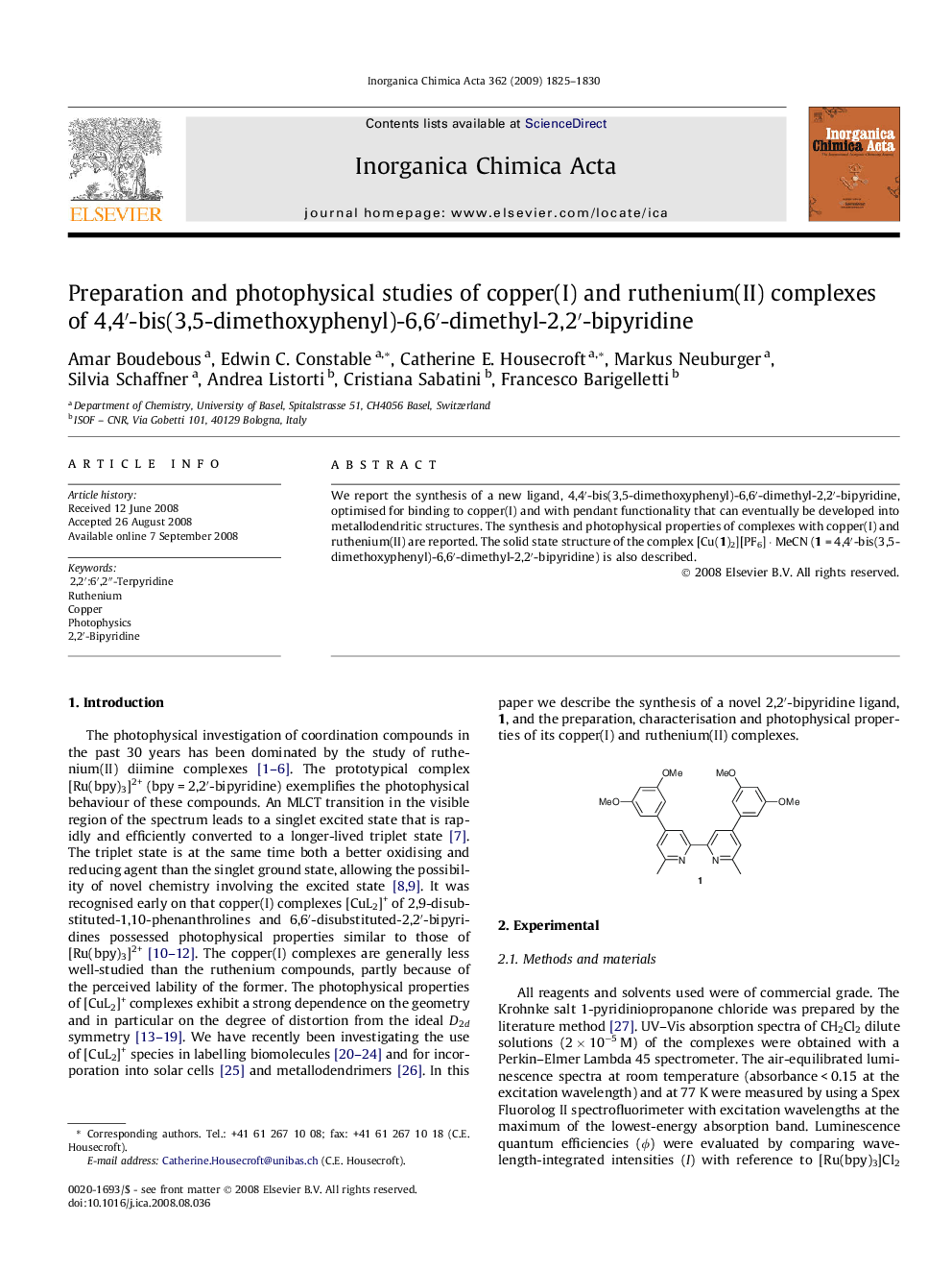 Preparation and photophysical studies of copper(I) and ruthenium(II) complexes of 4,4′-bis(3,5-dimethoxyphenyl)-6,6′-dimethyl-2,2′-bipyridine